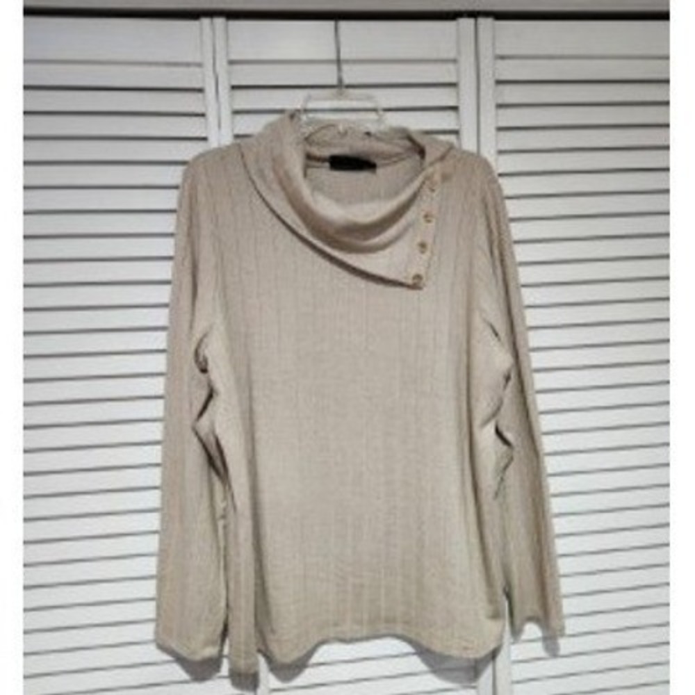 Rafaella Women's XL Tan Ribbed Cowl Neck Button Detail Long Sleeve Top